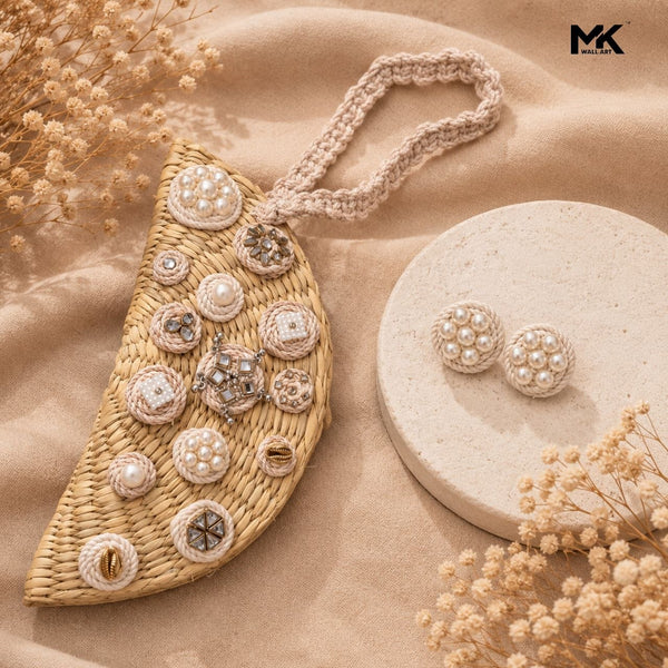 Handmade boho gift with macrame purse and pearl earrings