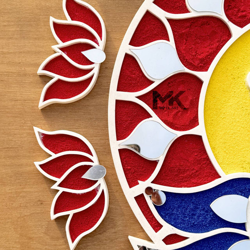 Decorative wall art with red, white, and blue design on a wooden background