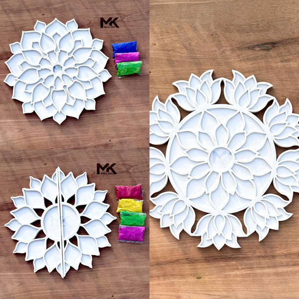 Decorative white flower-shaped cutouts with colorful markers on a wooden surface, branded 'MK'. , DIWALI DECORATION, Diwali , rangoli, rangoli art
