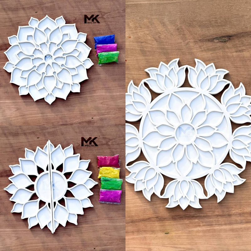 Decorative white flower-shaped cutouts with colorful markers on a wooden surface, branded 'MK'. , DIWALI DECORATION, Diwali , rangoli, rangoli art

