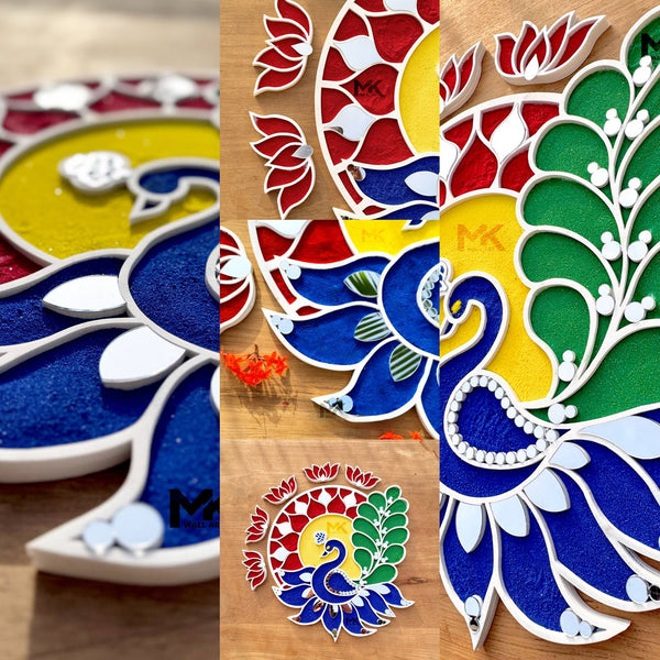 Decorative peacock design with colorful patterns on a wooden surface