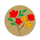 A round, pre-marked MDF base with a floral design featuring red, yellow, and green colors on a beige background.