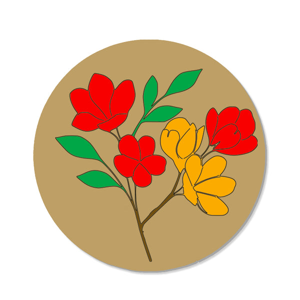 A round, pre-marked MDF base with a floral design featuring red, yellow, and green colors on a beige background.