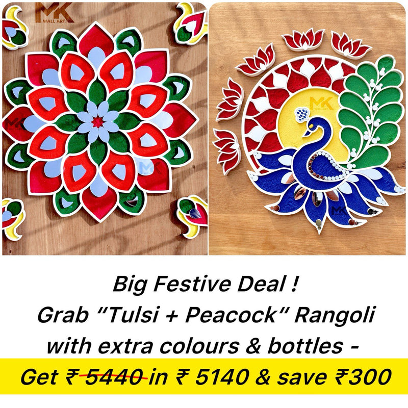 PEACOCK RANGOLI ART ("free all colors with 2 bottles!")