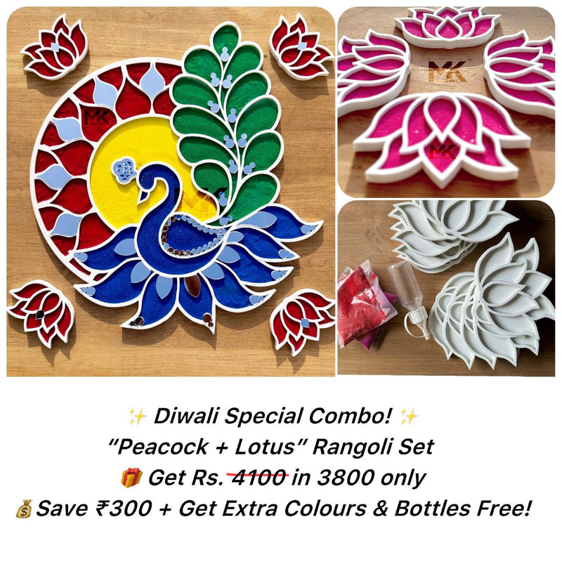 PEACOCK RANGOLI ART ("free all colors with 2 bottles!")