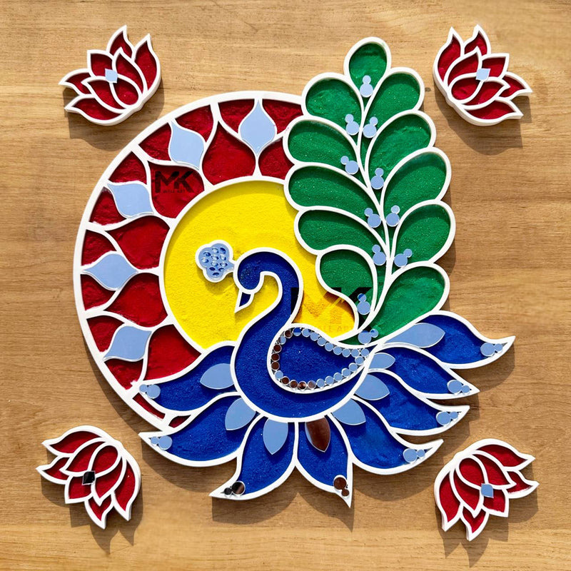rangoli art, rangoli design, handmade rangoli, rangoli patterns, traditional rangoli, rangoli for Diwali, festival rangoli, peacock rangoli, diwali, diwali decoration ideas, diwali gifts, diwali gifts, diwali sale offers,lights decoration.
“Handmade colorful rangoli design for Diwali festival decoration with mirror art”
