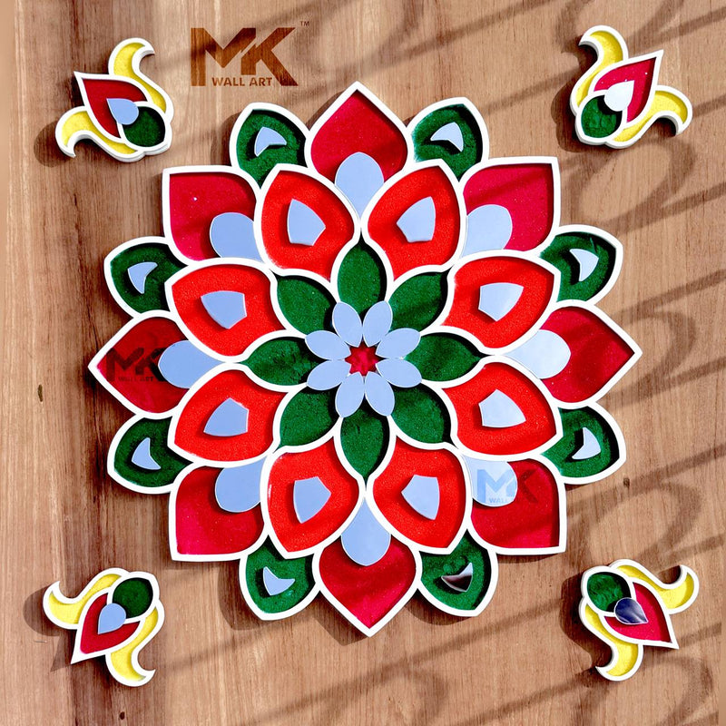 rangoli art, rangoli design, handmade rangoli, rangoli patterns, traditional rangoli, rangoli for Diwali, festival rangoli, peacock rangoli, diwali, diwali decoration ideas, diwali gifts, diwali gifts, diwali sale offers,lights decoration.
“Handmade colorful rangoli design for Diwali festival decoration with mirror art”