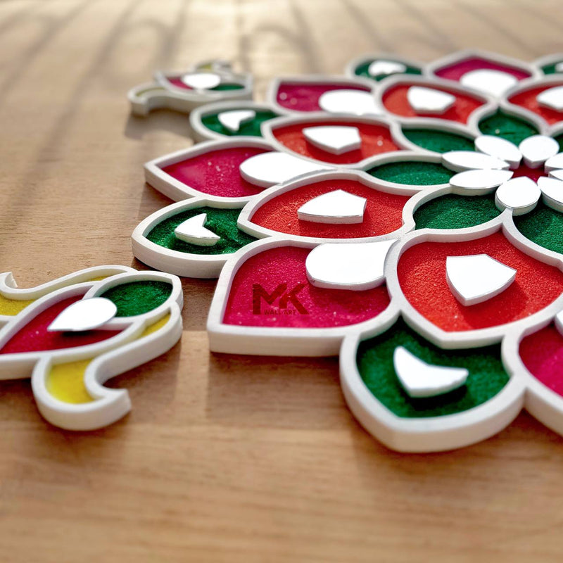 rangoli art, rangoli design, handmade rangoli, rangoli patterns, traditional rangoli, rangoli for Diwali, festival rangoli, peacock rangoli, diwali, diwali decoration ideas, diwali gifts, diwali gifts, diwali sale offers,lights decoration.
“Handmade colorful rangoli design for Diwali festival decoration with mirror art”